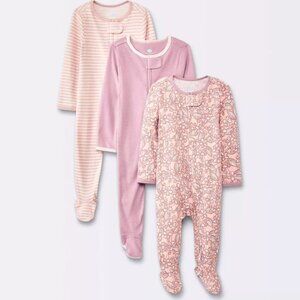 Cloud Island Newborn Girls' 3 pack Floral Cotton Sleep N' Play Footies/Onesie